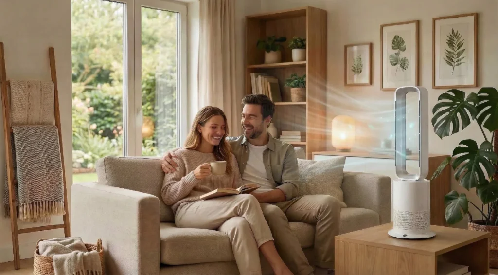Couple sitting on a sofa in a cozy living room, with a bladeless fan operating on a table nearby.