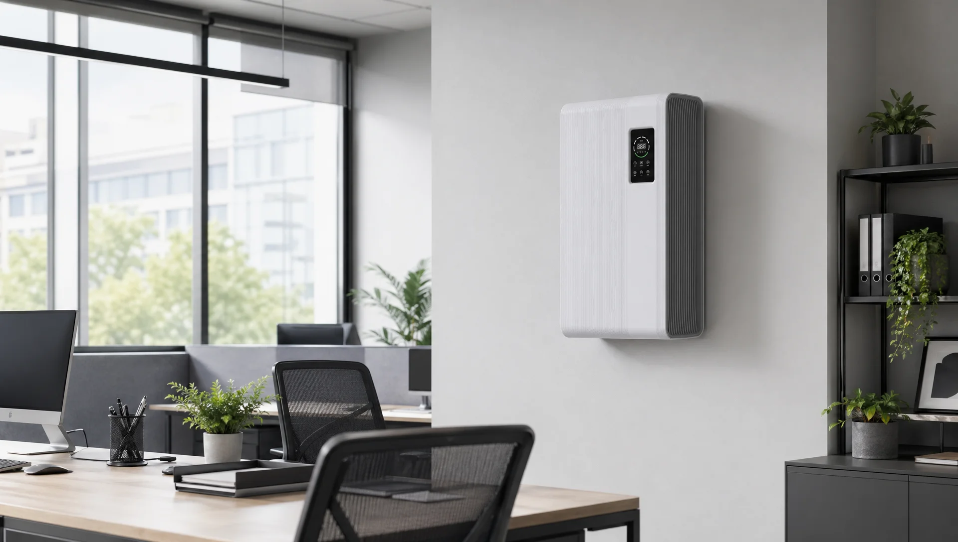 Wall-mounted air purifier with digital control panel in a modern office environment with desks, chairs, and indoor plants.